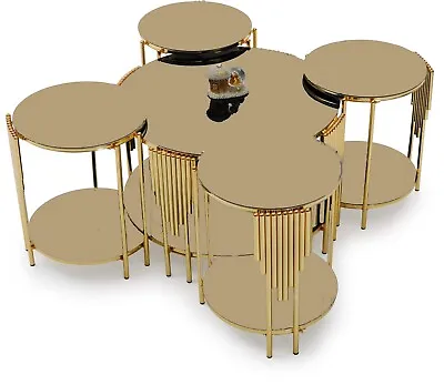 Set Of 5 Coffee Tables & Nesting Tables Living Room Mirrored Glass Gold 2-Tier • £399.99