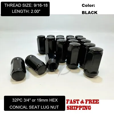 32 Black Bulge Acorn Lug Nuts XL 2  Tall 9/16-18 For 1987-1998 Ford F-250 F-350 • $27.49