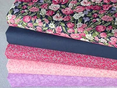 100% Cotton Fat Quarter Bundle Quality Craft Fabric Floral Navy Pink Raspberry A • £10.40