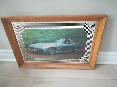 RARE 1970s MIRROR 1966 C2 427 SIDE EXHAUST CORVETTE OAK PICTURE FRAME OOAK EXC++ • $14.39