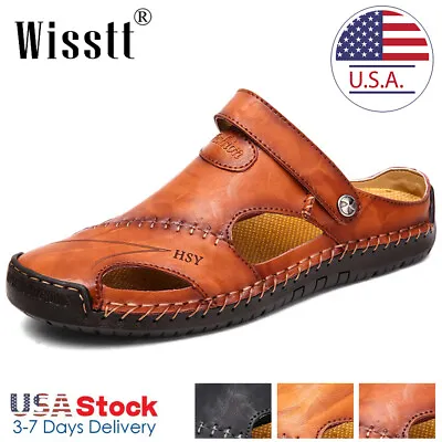 Mens Leather Sandals Water Shoes Summer Closed Toe Fisherman Beach Slippers Size • $29.99