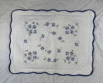 1 Quilted Embroidered Standard Sham White Blue Floral Cottage Core Granny Vtg • $16