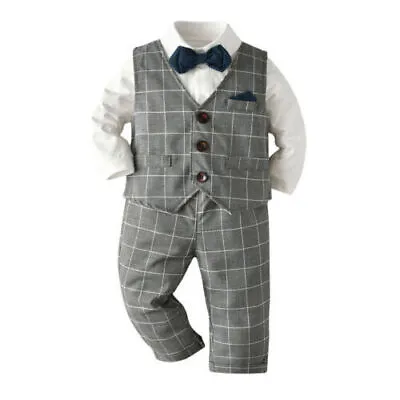 3PCS Baby Boy Gentleman Bowtie Outfit Shirt Check Vest Pants Birthday Party Suit • £13.49