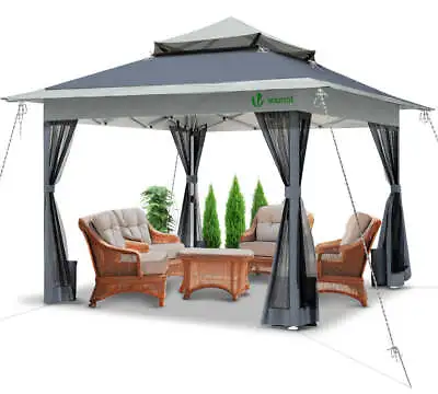 VOUNOT 3.6x3.6m Pop Up Gazebo With Mesh Side Double Roof Marquee Party Tent Grey • £149.99