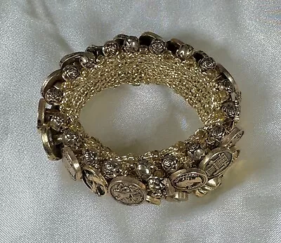 Mini Coin Crochet Stretch Bracelet Vintage Retro Gold-Toned NICE! • $32