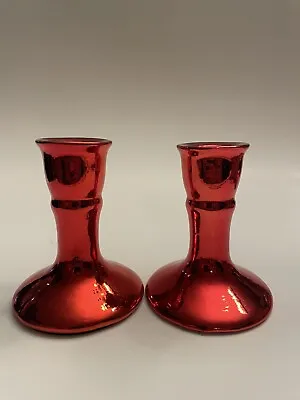 2  Mercury Glass Candlestick Candle Holders Vintage Red 4”H • $34.99