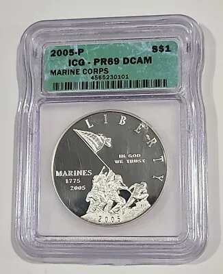 2005 $1 Silver Marine Corps 230th Anniversary Commemorative Coin - Graded PR69 • $69.95