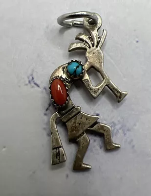  Vintage 925 Sterling Silver Native American Kokopelli Charm W Turquoise & Coral • $134