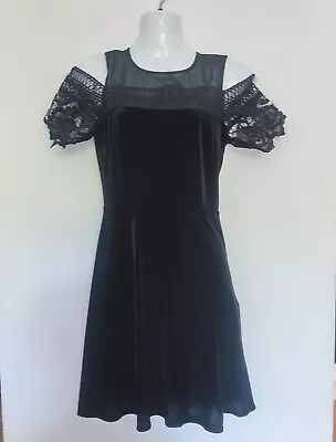 Topshop Black Velvet And Lace Dress Size 8 Goth Emo Evening Wedding Party VGC • £9.99