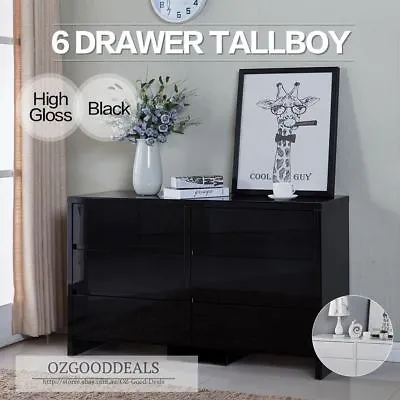 High Gloss Black Wooden Storage 6 Drawer Tallboy Dresser Chest Cabinet 4026B • $249.99