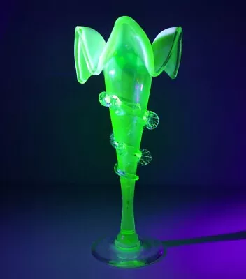 Ornate Vaseline Uranium Glass Vase 18cm Ruffle Piecrust Rim Fluted • £38