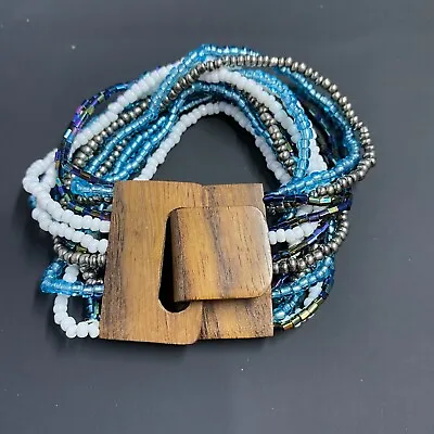 Unusual Wood Buckle Blue Glass Bead Bracelet Gerda Lynggaard Monies MCM Style • $42