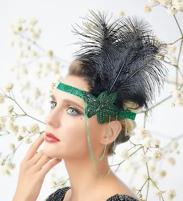 1920s Headband Green Rhinestone Black Feather Headpiece Flapper Headband Gatsby • $9.99