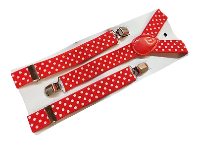 $4.74 • Buy Red Polka Dots Adjustable Unisex Trouser Braces Suspenders Fancy Dress Clip On