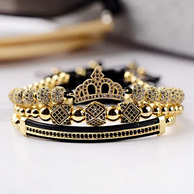 Luxury Women Men Zircon Crown Bead Macrame Adjustable Queen King  Charm Bracelet • $18.95