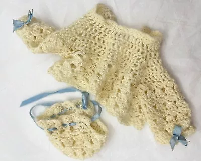 Vintage Crocheted Doll Sweater And Cap Crème With Blue Ribbon NO DOLL • $9.99