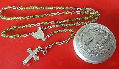 Vintage Green MINIATURE Rosary Beads & Crucifix C.1930s  + LOURDES Rosary BOX • £84.99