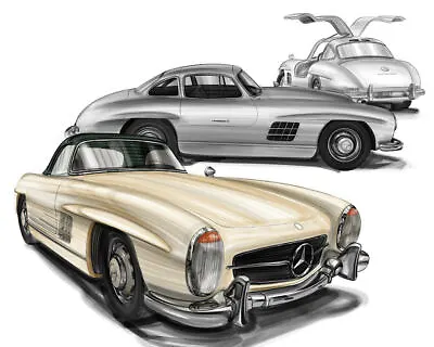 Mercedes 300 SL Gullwing Roadster Marker Drawing Canvas Print • $269