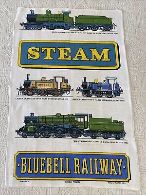 Vintage Irish Linen Tea Towel Bluebell Steam Railway Sussex England Trains • $18.92