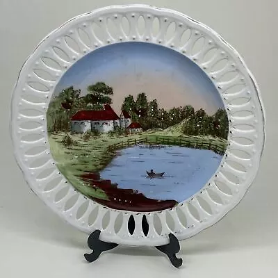 HAND PAINTED European RETICULATED CABINET PLATE Village Lake And Boat Motif • £9.99