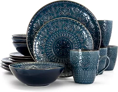 Elama Round Stoneware Dinnerware Dish Set 16 Piece Sea Blue With Brown Trim • $166.40