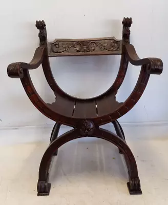 Antique Dagobert Curule Armchair Hand Carved Walnut Gothic Grimacing Demon Head • $895