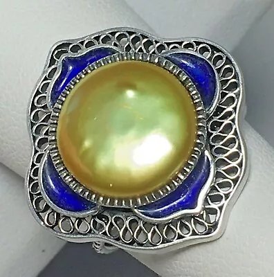 Large Yellow Mabe Pearl Ring In Sterling Silver Blue Enamel Filigree SZ 8 QVC • £52.55