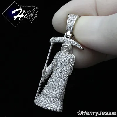 Men 925 Sterling Silver Icy Bling Cubic Zirconia 3d Santa Muerte Pendant*sp342 • $44.99