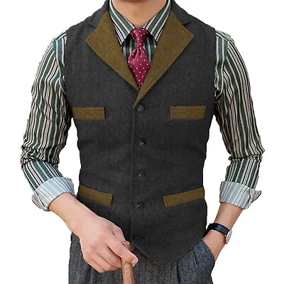 Mens Tweed Vest Vintage Herringbone Grooms Notch Lapel Waistcoat M Large XL XXL • $29.66