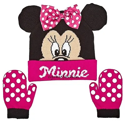 Disney Minnie Mouse Girl 3D Ears Bow Pink Winter Beanie Ski Hat Cap Mittens Set • $10.99