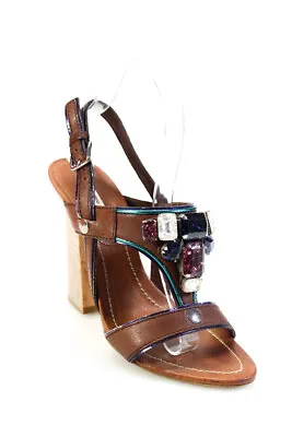 Miu Miu Womens Leather Jeweled Slingbacks Sandal Heels Brown Size 36.5 6.5 • $51.61