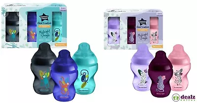 3x Tommee Tippee Closer To Nature Midnight Jungle Baby Feeding Bottles 260ml 0m+ • £19.99