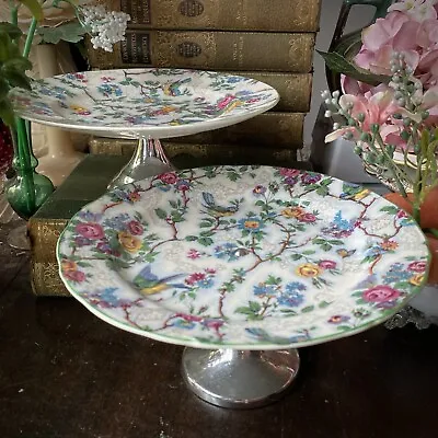 Pedestal Cake Plates X 2 Midwinter Stylecraft Chintz ‘Lorna Doone’ Art Deco • £34.99