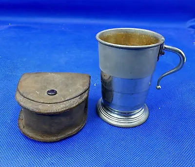 Metal Cup Collapsible Folding Telescoping Pigs Leather Case Antique Travel Cup • £29.97