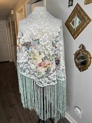 Vintage Custom Embroidered Designer Shawl Wrap Floral Fringe Piano Scarf • $129.99