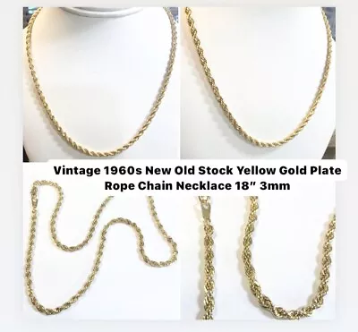 Vintage 1960s New Old Stock Yellow Gold Plate Rope Chain Necklace 18” 3mm  • $12