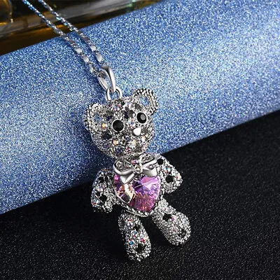 925 Sterling Silver I Love You Heart Pink Rhinestone Teddy Bear Pendant Necklace • $19.74