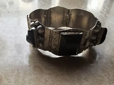 Vintage 925 Sterling Silver Black Inlay Panel Bracelet Mexican • $29.99