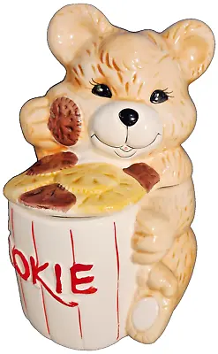 Vintage Smiling Teddy Bear Holding Cookie Ceramic Spell Out Striped  Cookie  Jar • $24.89