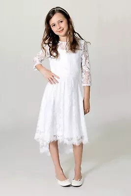 Blush US ANGELS White Illusion Flower Girl Lace 3/4 Sleeve High/Low Dress 14 NWT • $47.20