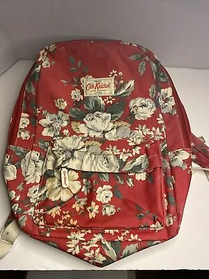 Cath Kidston London Red W/Floral Roses Flowers Backpack Oilcloth Canvas Book Bag • £33.38