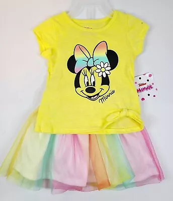 Disney Toddler Girls Minnie Mouse Shirt Tutu Skirt 2 Piece Outfit Yellow Pink  • $11.99