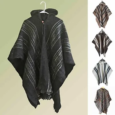 Llama Wool Mens Cape Poncho Coat Jacket With Hood Indigenous Handmade In Ecuador • $74.95