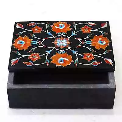 6 X4 X2  Black Marble Jewelry Storage Box Carnelian Floral Inlay Stone Art Box • $245