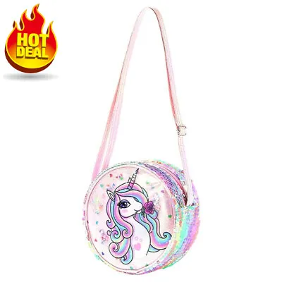 $9.74 • Buy Cute Unicorn Rainbow Shoulder Bag Girls Handbag Mini Round Bag Sequins Ba&//