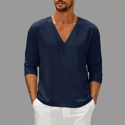 Men V Neck Solid Casual Shirts Long Sleeve Loose Basic Grandad T Shirt Tops Size • $22.29