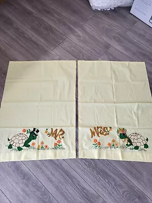 Pair MR & MRS Hand Painted Yellow Vintage Turtle Pillowcases Standard 30x22 Each • £14.45