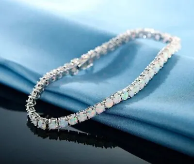 Round White Fire Opal Gemstone 14K White Gold Over 8.5  Bracelet Gift For Men's • $239.99