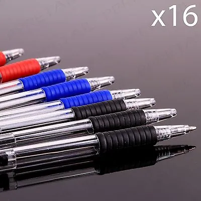16 X Retractable Ballpoint Pens WITH RUBBER GRIP Biro Writing Office/School/Work • £6.87