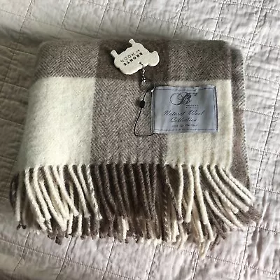 Bronte By Moon Natural Wool Collection Blanket Throw Fringe Brown Cream Plaid • $45